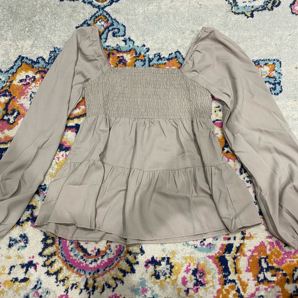 Tan Long Sleeve Womens Blouse puff sleeves